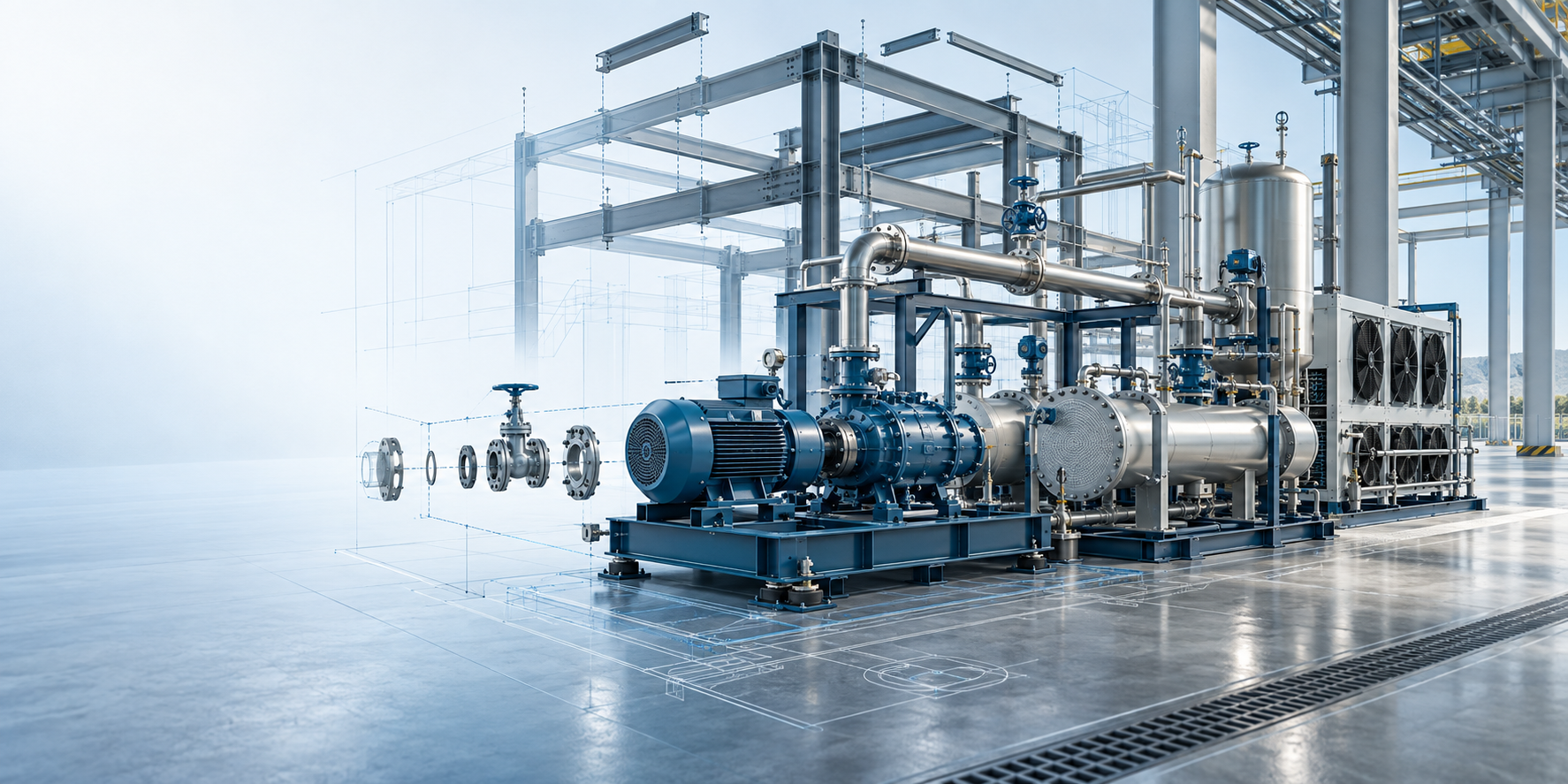 Referência conceitual de conjunto industrial com compressor, tubulações e refrigeração.